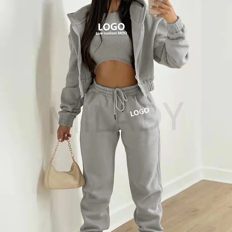 S-3XL Lente Custom Logo Dames Hoodies Set Effen Kleur Lange Mouw Trainingspak Mode Houden Warm Plus Size Vrouwen Driedelige Set