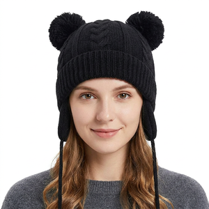 <b>Cute</b> Black Wool Blend Knitted Earflap Hat Pom Poms Unisex Adult Winter Beanie Plaid Breathable Waterproof Street Style Handmade - Product Image 1