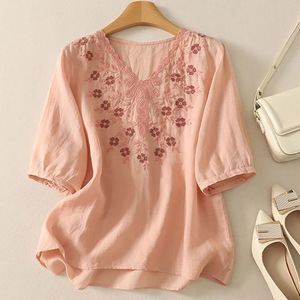 White Embroidery V-Neck Short Sleeve Top Women Loose Fit Summer Breathable T-Shirt - Product Image 2