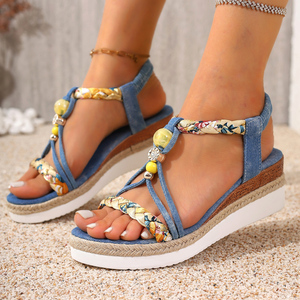 Sandalias de <span class=keywords><strong>cuña</strong></span> deportivas bohemias con cuentas y trenzas para mujer, parte superior de mezclilla, suela de poliuretano, cómodas, suaves, de verano, con punta abierta, estilo <span class=keywords><strong>alpargata</strong></span> - Product Image 2