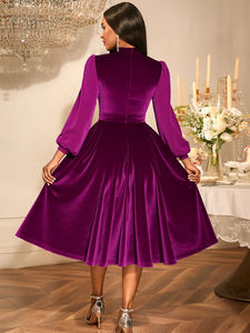 AM050621 Vintage colletto rialzato con bottone con volant manica lunga a linea viola <span class=keywords><strong>velluto</strong></span> <span class=keywords><strong>Midi</strong></span> formale da chiesa abito Casual da donna - Product Image 3