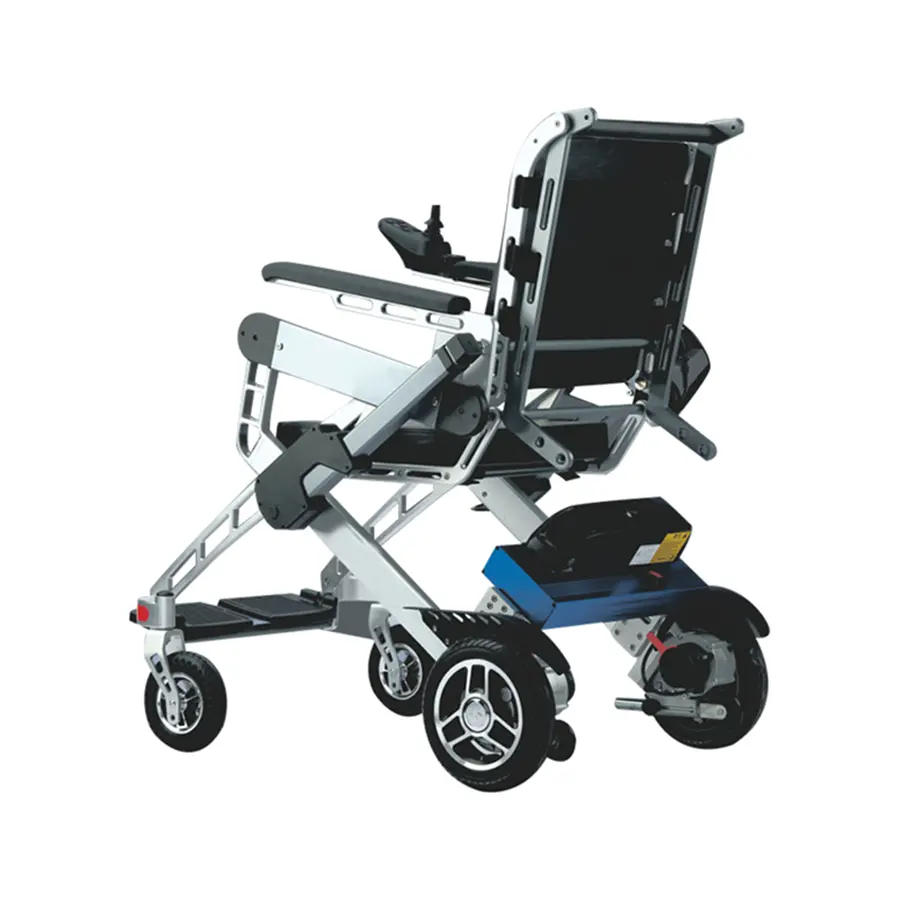 גלגלים ממונע באיכות גבוהה מנוע חשמלי עומד כיסא גלגלים עם קובץ מצורף שיתוק מוחין לא חוקי נסיעות תיבת עץ