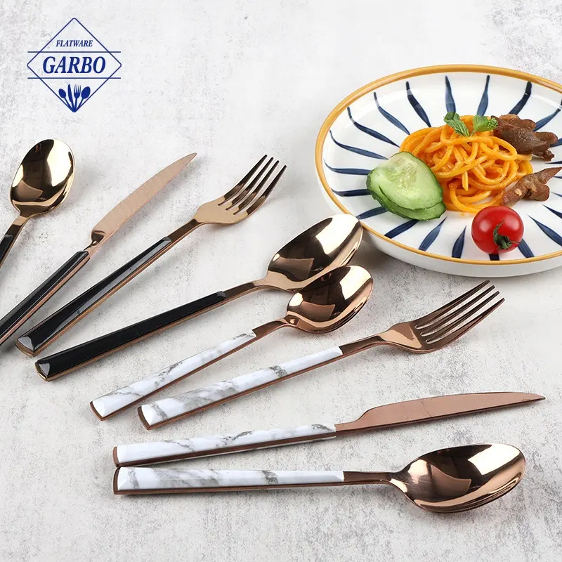 Utensílios de talheres em atacado, garfo, colher, louças de seda, formato de mármore, ouro rosa, aço inoxidável, alça abs, conjunto de talheres em plástico