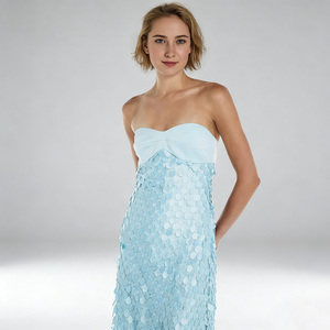 Abito da sera elegante blu senza spalline, lungo fino al pavimento, da donna, per cocktail, feste e balli, con paillettes - Product Image 4