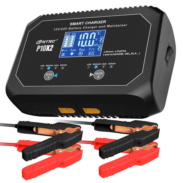 HTRC P10X2 Dual Smart Car Battery Charger 12V 10A 24V 5A Per Bank for AGM/Gel/SLA Lithium LiFePO4 Lead-Acid Trickle Charger for