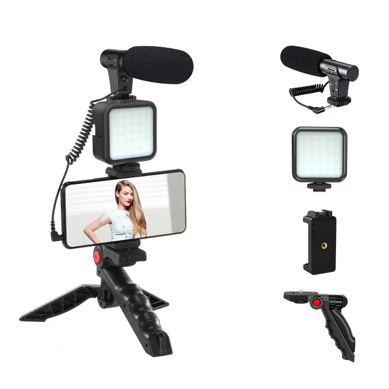 Vlog Live Kit Handheld Stabilisator Tafelblad Statief Telefoon Houder Kooi Led Selfie Vullen Light Smartphone Video Rig Kits Met Mic