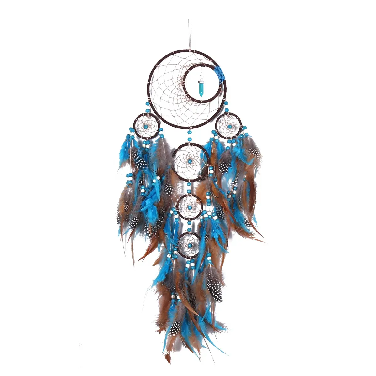 Six Rings Indian style dream catcher Blue stone bullet-shaped pendant dream catcher Blue feather pendant home decoration