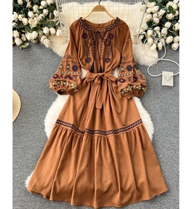 Vestido étnico floral de manga longa bordado em cor sólida para mulheres, vestidos nacionais