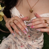 Ongles à presser en acrylique, motif floral dégradé rose et jaune, peints à la main, 3D, perles en relief, forme amande, vente en gros pour les vacances