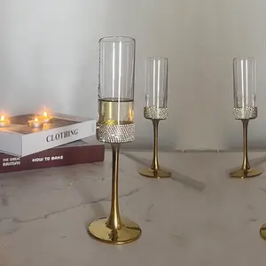 150ml Gold Electroplating Stem Diamond Surround Crystal Square Champagne Glasses Goblets Wedding Flutes