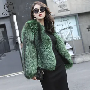 Women winter overcoat whole skin green silver fox fur flat natural fox fur coat