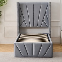 Cama de almacenamiento de terciopelo de felpa con rayas diagonales y tachuelas en alas Marco de cama de plataforma de tamaño individual tapizado con almacenamiento