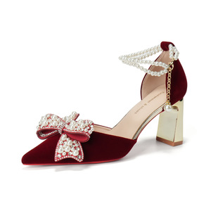 7500H-017 Heeled <b>Sandals</b> Pointed Toe Thick Heel <b>Bow</b> Decoration Comfortable Wedding Shoes For Women - Product Image 5