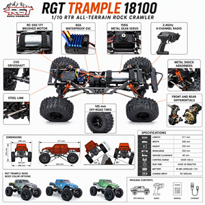 Profesyonel 4WD RC Kaya Tırmanıcısı RGT 18100 Trample Portal Akslı Geri Vitesli 145mm Lastikli 2.4G RTR Arazi Reçine Metal 1:10 Ölçekli - Product Image 3