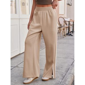 Pantalon large pour femme, taille haute, élastique, fente latérale, décontracté, avec poches, kaki, tissu tricoté respirant - Product Image 4