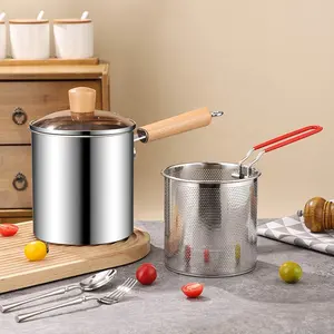 304 Stainless Steel Fryer Pot Set French Fries Fried Chicken Tempura Deep Frying Pot Wooden Hands With Frying Basket