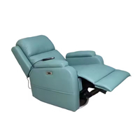 Fauteuil inclinable bleu contemporain avec mécanisme motorisé, revêtement en cuir PU, rembourrage moelleux, commande latérale, siège de relaxation confortable pour seniors