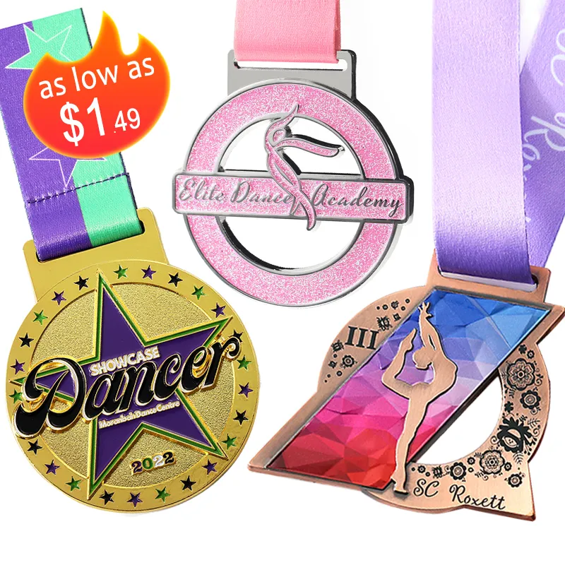 Personalized Design Zinc Alloy Metal Cheerlead Latin Dance Ballet Figure Skating Gymnastics Custom Competition Medal With Ribbon