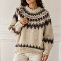 Pull en tricot Fair Isle personnalisé pour femme, col rond, marron avoine, motif de jauge circulaire, usine OEM ODM