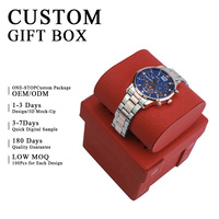 Boîte d'emballage personnalisable pour montre en PU rouge avec logo en relief, boîtes cadeaux carrées avec couvercle pour montres, matériaux personnalisables
