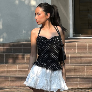 Y2K Women's Polka Dot Halter Neck Backless Crop Top, Ruched Ruffle Hem Slim Fit Sexy Blouse for Vacation - Product Image 5