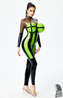 Combinaison Zentai en latex gonflable pour femme grande taille, motif rayé, avec boules de canon