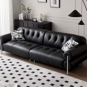 French Retro Black Cloud Top Grain Leather Straight Sofa Italian Minimal Couch for Small Living Room Home Decor - Product Image 3