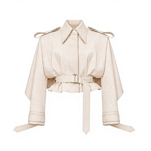 Chaqueta corta tipo trench para mujer con cinturón, hombros con epaulettes y mangas largas - Product Image 3