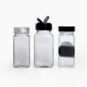 Empty Square Spice Containers Condiment 120ml 4oz Square Glass Spice Jar with Shaker Lid