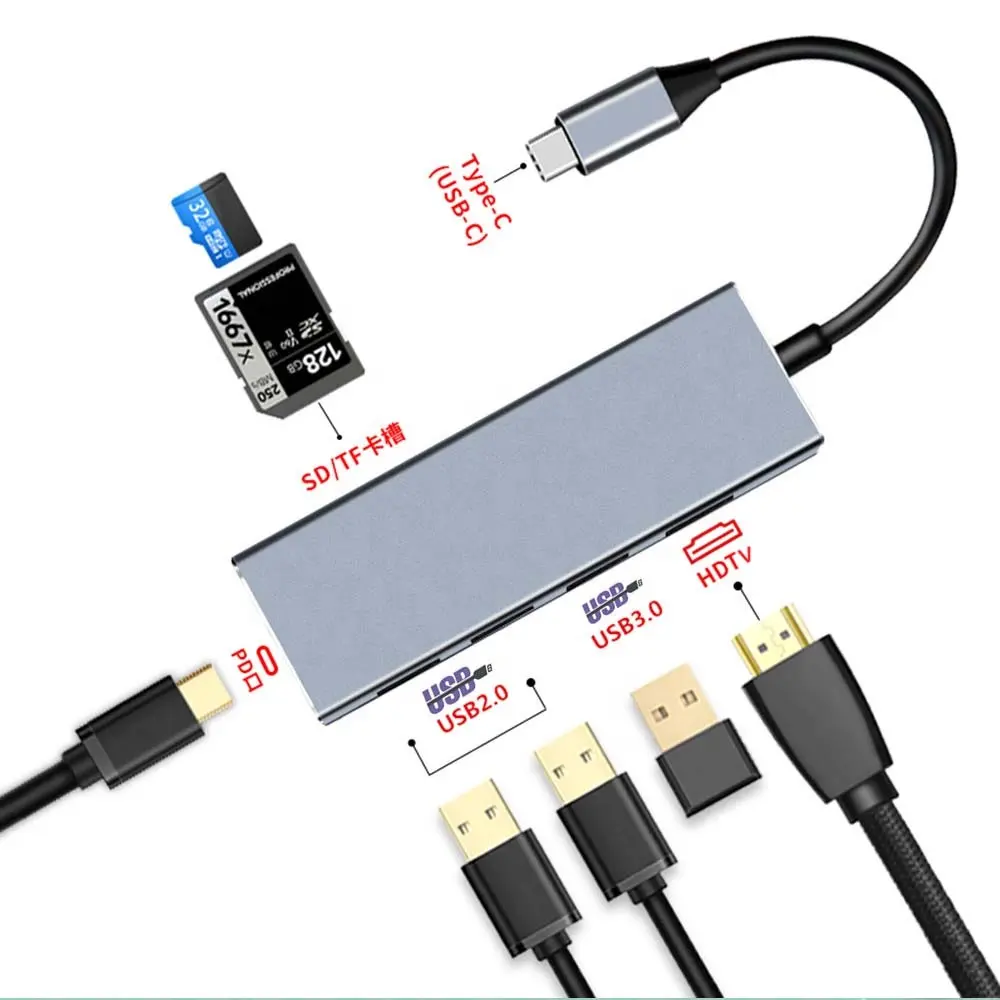 USB C 허브 7 in 1 노트북 도킹 스테이션 유형 C 포트, 4K HD, 1 USB 3.0/2 USB 2.0 및 SD TF 카드 리더 USB C 어댑터