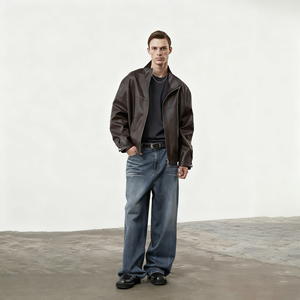 Мужская повседневная кожаная куртка на молнии с высоким воротом - Product Image 1