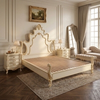 Rokoko-Bettset 3-teilig Creme-Gold Vergoldeter Massivholz-Bettrahmen mit 2 Nachttischen Queen King Cal King für Hotel-Schlafzimmer