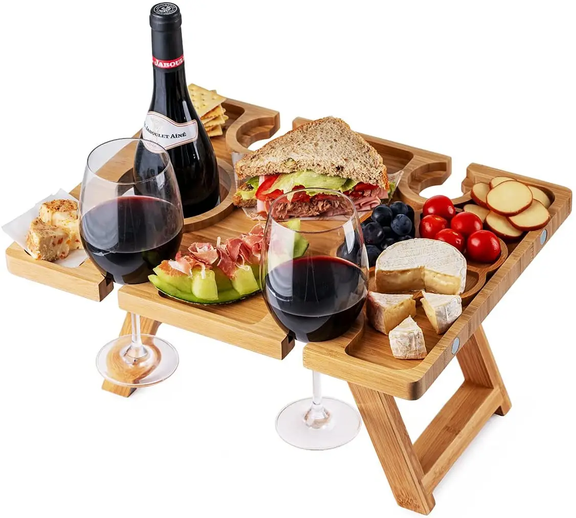 Combohome הלוהטים ידידותית לסביבה נייד עץ פיקניק יין שולחן במבוק פיקניק יין שולחן עבור חיצוני