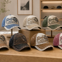 Casquette de baseball vintage en sergé vieilli, 6 panneaux, réglable, style Dad Hat, avec patch lettre brodé, bord déchiré, visière courbée, décontractée pour l'extérieur