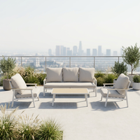Ensemble de mobilier d'extérieur 4 pièces pour terrasse de appartement, en rotin PP, canapé de conversation moderne, cadre blanc, accoudoirs effet bois