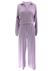 Özel Logo kadın düz renk rahat Streetwear güz Athleisure salonu uzun kollu v-çentik kazak Joggers kazak seti - Product Image 5