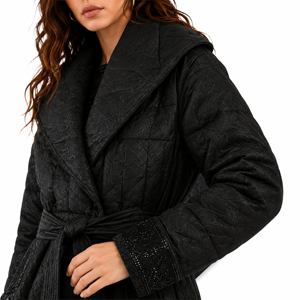 Elegant Black Belted Quilted Long <strong>Coat</strong> for Women, Big Notched Lapel Slim Waist Formal Commute Padded Overcoat - Product Image 6