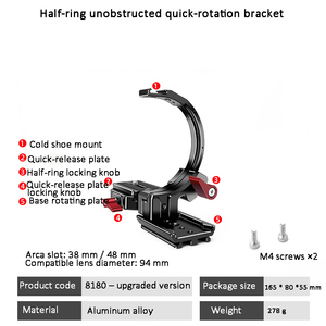 Support de caméra rotatif à dégagement rapide demi-anneau 88180 en alliage d'aluminium Arca-Bracket réglable 94 mm pour objectif léger et étanche - Product Image 6