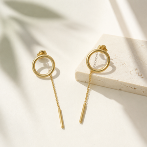 Boucles d'oreilles pendantes à chaîne circulaire en acier inoxydable plaqué or 14 carats, longues, minimalistes, géométriques - Product Image 1