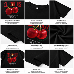 T-shirt graphique noir surdimensionné à manches courtes pour femme, 100% coton jersey, imprimé cerise, streetwear, haut décontracté d'été - Product Image 3