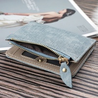 Dompet Pendek Bordir Kucing Lucu Baru Tiba Gaya Jeans Dompet Uang Ritsleting Kulit PU Dompet Lipat Dua Wanita Tempat Kartu Multi
