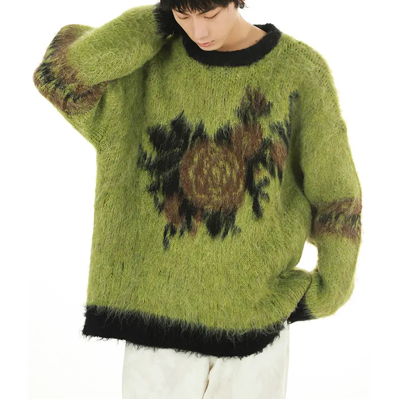 Custom LOGO OEM & ODM Mohair Sweater Men Jacquard Pattern Pullover Long Sleeve Knitted Winter Knitted Crewneck Sweater Men