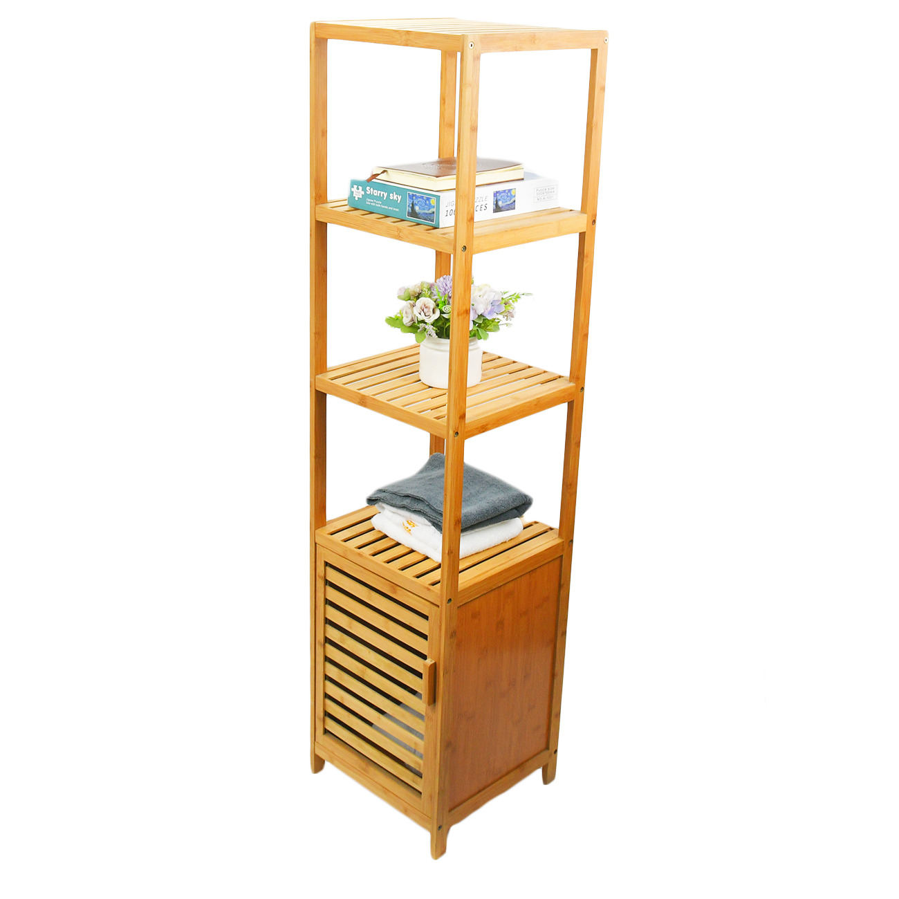 Multifunctional 4 Tiers Bamboo Bathroom Vanity Storage Cabinet with Laundry Hamper Sorter Basket Shelf