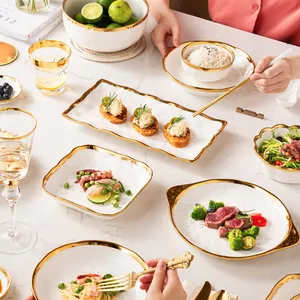 Conjunto de jantar de hotel com borda dourada para jantar em porcelana com prato de cerâmica branco nórdico