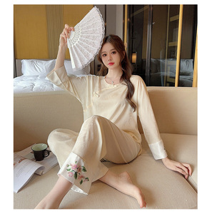 Samwestart ชุดนอนสำหรับผู้หญิงแขนยาวผ้าคอตผ้า<span class=keywords><strong>ไหม</strong></span>คอวีใส่อยู่บ้าน - Product Image 3