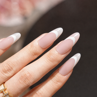 Faux ongles à presser en amande, rose nude avec ligne blanche, brillants, couvrance totale, vente en gros