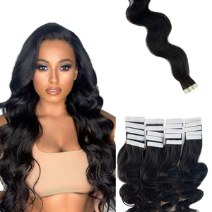 Extensions de cheveux brésiliens Remy Body Wave à bandes adhésives, 20 pièces, extensions invisibles Skin Weft, longueur étirée 18 pouces # 1B Femmes - Product Image 1