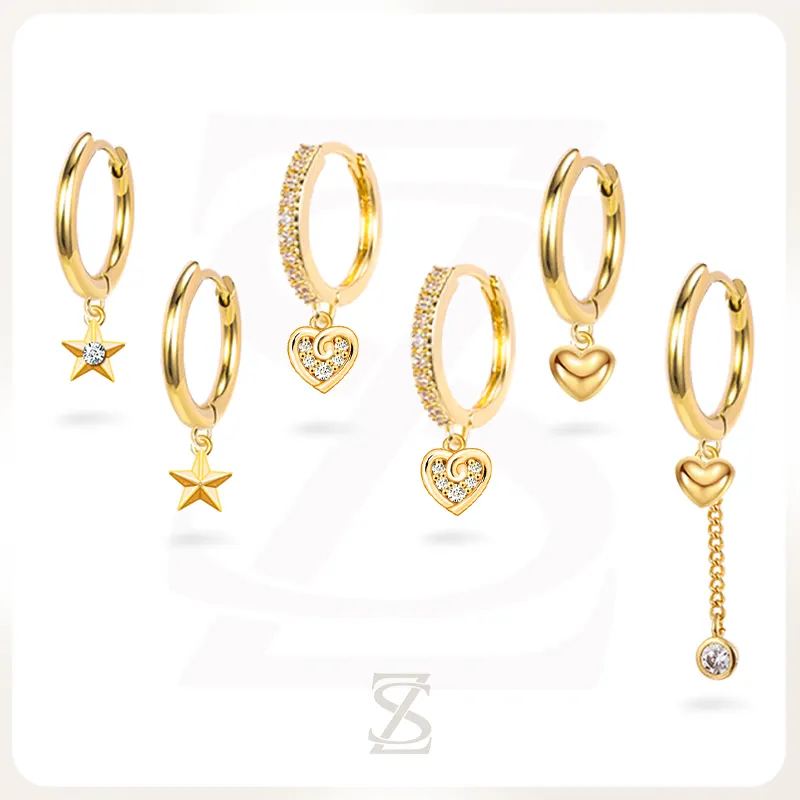 Trendy Star Shape Pendant Hoop Earrings 18K Gold Plated Stainless Steel Love Heart Dangle Huggies Earrings For Women