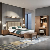 Ensemble de chambre d'hôtel moderne en bois massif, lit capitonné Queen Size, armoire, coiffeuse, chaise, design contemporain pour appartement