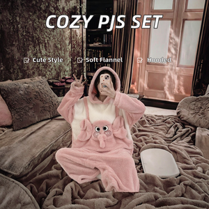 بجامة شتوية قطعة واحدة للنساء من الصوف المرجاني بغطاء رأس، طقم بيجامات نوم حرارية ناعمة من الفلانيل، بيجامات سميكة مزدوجة الوجه للأزواج - Product Image 2